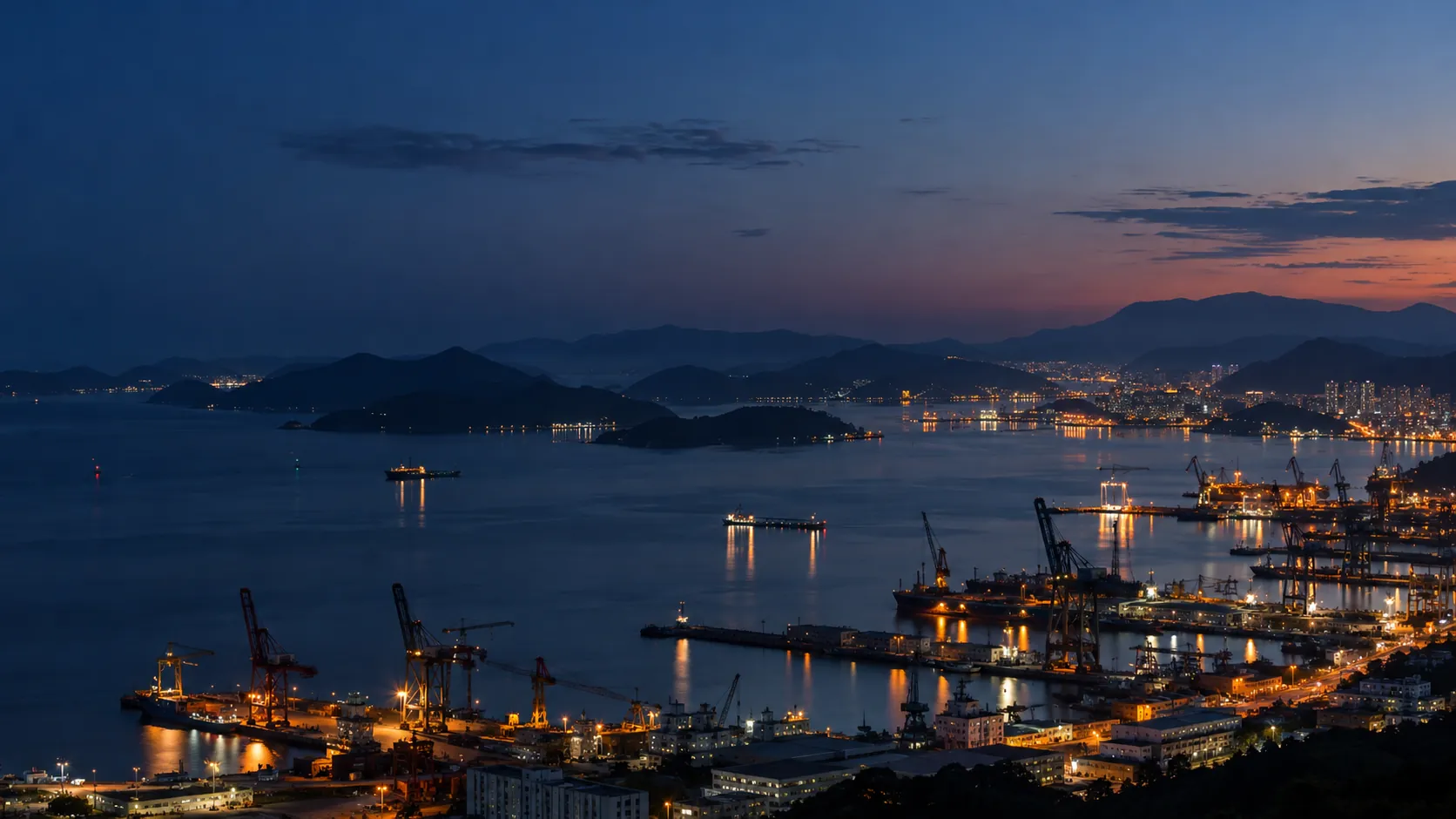 Illustrative Korean harbor and coastline at night with warm port lights